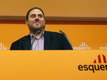 El presidente de ERC, Oriol Junqueras, en una rueda de prensa.