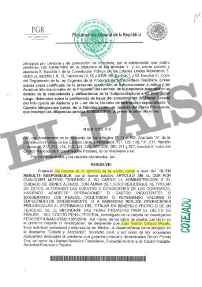 Documento de la fiscalía mexicana (PGR) que solicita la no acción penal contra el abogado Juan Ramón Collado.