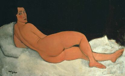 <i>Desnudo echado sobre el costado izquierdo</i>, de  Amedeo Modigliani.