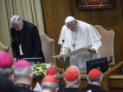 El Papa, este viernes en la segunda jornada de la cumbre contra la pederastia en el Vaticano.