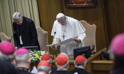 El Papa, este viernes en la segunda jornada de la cumbre contra la pederastia en el Vaticano.