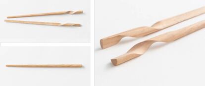 Rassen, del arquitecto y diseñador canadiense afincado en Japón Nendo (Oki Sato) para la firma de palillos Hashikura Matsukan. Los Rassen se enrollan sobre sí mismos para formar un solo elemento cuando no están en uso. |