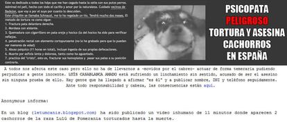 Captura del blog de Anonymus donde se informa de las pistas que pueden ayudar a localizar al torturador de cachorros.