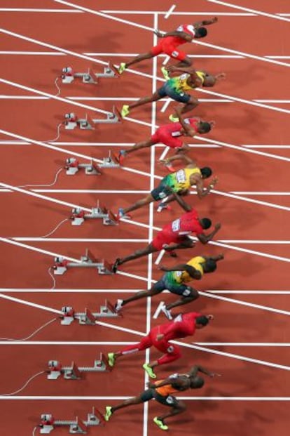 La salida de los 100m, carrera que gan&oacute; Bolt.