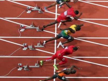 La salida de los 100m, carrera que gan&oacute; Bolt.