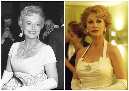 A la izquierda, Olivia de Havilland en 1968, a la derecha Catherine Zeta-Jones interpretando a De Havilland en 'Feud'.