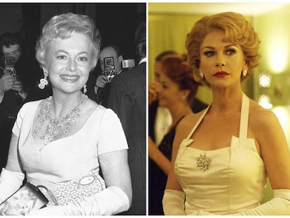A la izquierda, Olivia de Havilland en 1968, a la derecha Catherine Zeta-Jones interpretando a De Havilland en 'Feud'.