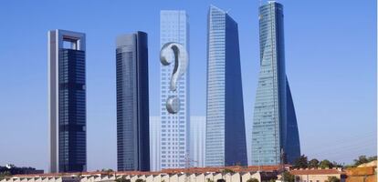 Simulaci&oacute;n del nuevo complejo de tres edificios junto a las cuatro torres al norte del paseo de la Castellana.