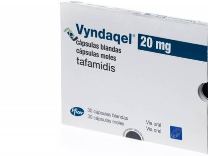 Una caja de pastillas de Vyndaqel, nombre comercial del tafamidis.