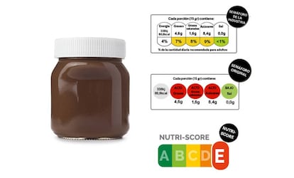 Etiquetado nutricional de una crema de cacao, según —de arriba abajo— el semáforo diseñado por la industria, el original desarrollado en Reino Unido en 2005 y Nutriscore.