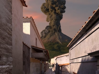 Reconstrucción digital de una calle de Pompeya durante la erupción.