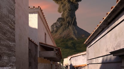 Reconstrucción digital de una calle de Pompeya durante la erupción.