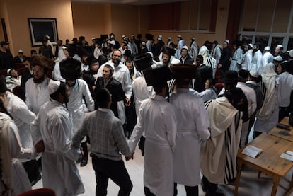 Hasidic Jews pray during the first day of the Jewish New Year at a hotel in Gomel, Belarus, after being unable to cross into Ukraine, in September 2020.