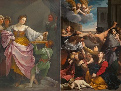 A la izquierda, 'Salomé con la cabeza de san Juan Bautista' y a la derecha, 'La matanza de los inocentes', ambos cuadros de Guido Reni.