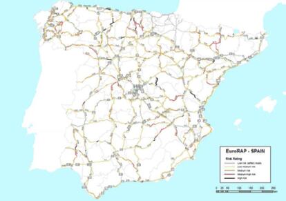 Mapa con los las carreteras españolas y su nivel de peligrosidad.