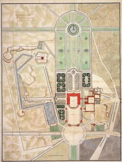 Plano general del primer proyecto de Robert de Cotte para el palacio y los jardines del Buen Retiro. 1714-1715. Biblioteca Nacional de Francia.