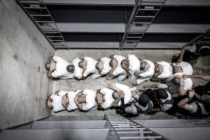 Some of the Venezuelans deported to El Salvador, upon arrival at the prison for members of criminal gangs.