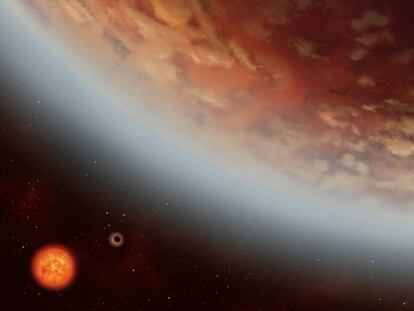 Ilustração do planeta K2-18B, ao lado de seu vizinho K2-18C; ambos orbitam a estrela anã vermelha K2-18.