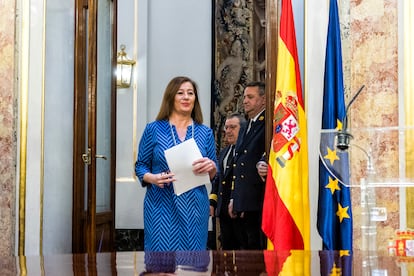 La presidenta del Congreso, Francina Armengol, este martes, antes de comparecer en el Congreso para dar explicaciones sobre el 'caso Koldo'.