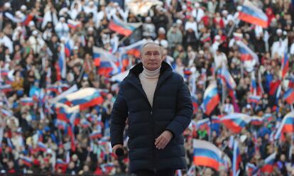Putin, el viernes en el acto en Moscú para celebrar el octavo aniversario de la anexión rusa de Crimea.