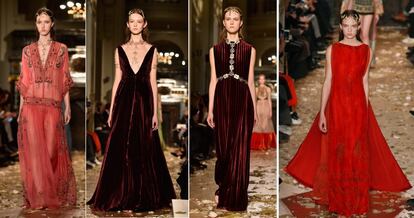 Si Valentino tiene patentado su propio color rojo, era imprescindible que varias tonalidades de dicha tonalidad estuviera en la propuesta ideada por  Maria Grazia Chiuri y Pier Paolo Picciolis, directores creativos de la firma italiana. 