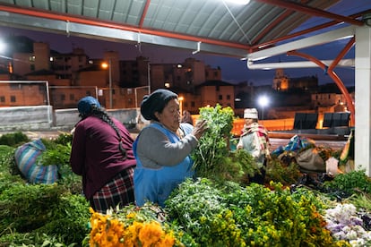 María Sandra Vinocunga en su puesto de venta de plantas medicinales. En la imagen resaltan las flores amarillas llamadas caléndulas de baño o flor de muerto.
