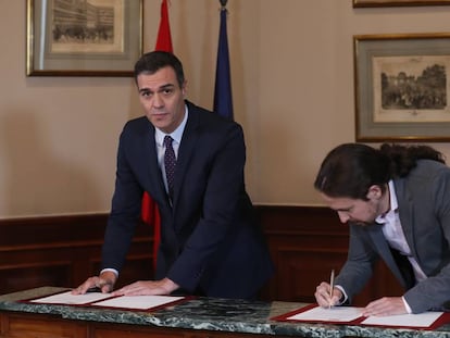 Pedro Sánchez y Pablo Iglesias anuncian el Gobierno de coalición.