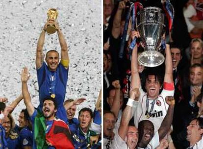 Cannavaro, a la izquierda, levanta el título de campeón del mundo. A la derecha, Maldini alza la Copa de Europa.