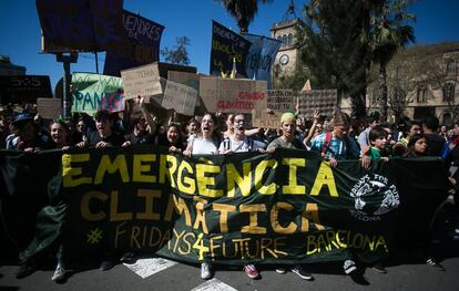 Manifestación de estudiantes contra el cambio climático el 15 de marzo en Barcelona.