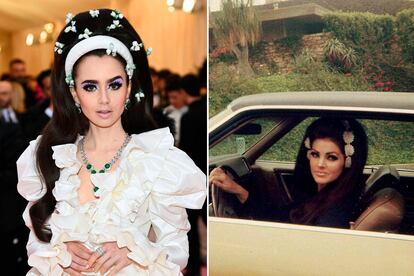 Lily Collins con un cardado y flores en la melena a lo Priscilla Presley.