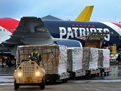 A New England Patriots Boeing 767-300 jet with a shipment of over one million N95 masks arrives at Logan Airport, Boston, Massachusetts, U.S., April 2, 2020.