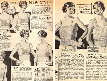 Gracias a Paul Poiret las mujeres pudieron decir adiós definitivamente a los corsés que durante décadas habían marcado la cintura y dificultado la respiración. El diseñador francés impuso una silueta rectilínea y ciertamente andrógina en los años veinte, lo que impulsó la creación de fajas que aplanaban las curvas y disimulaban las formas femeninas. El Symington Side Lacer presentaba unas cintas laterales que se apretaban para aplanar el pecho. Combinado con una faja, se conseguía el efecto de una silueta rectangular idónea para los vestidos <em>flappers</em> de cintura baja.</br> No todos encontraban favorecedora esta tendencia. Ida y William Rosenthal, en colaboración con Enid Bisset, lanzaron Maiden Form Brassiere, un sistema de copas que acentuaba las formas femeninas. La idea consistía en dos copas separadas por una cinta elástica, algo sencillo pero hasta entonces desconocido.</br> Fue un éxito inmediato. Sería Maiden Form quien introdujo las tallas de copas, aunque hay debate respecto a quién fue el primero. </br> En 1930, D.J. Kennedy inventa el primer sujetador con almohadillas inspirado por una atleta sueca que se hizo daño en el pecho al darse con la rodilla cuando corría los 400 metros en las olimpiadas de Noruega de 1928.