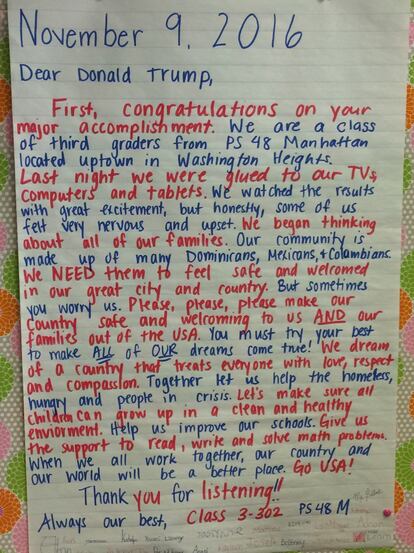 Texto de la carta enviada por los alumnos del colegio p&uacute;blico Joseph Drake al presidente Donald Trump