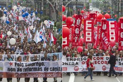 Las marchas de CIG (a la izquierda) y UGT y Comisiones Obreras (a la derecha) reunieron en total a unas 3.500 personas, según fuentes oficiales.