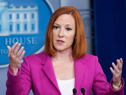 FILE - White House press secretary Jen Psaki speaks during the daily briefing at the White House in Washington, in this Tuesday, June 22, 2021. MSNBC says former White House Press Secretary Psaki will debut a Sunday political show on the network next month. Her show, “Inside with Jen Psaki,” will air at noon each Sunday. (AP Photo/Susan Walsh, File)