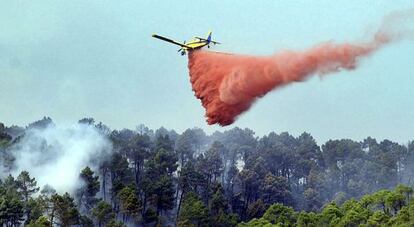 Una avioneta trabaja en la extinción del incendio que se ha declarado tras estrellarse un caza en el Parque Natural de Cazorla Segura y Las Villas.