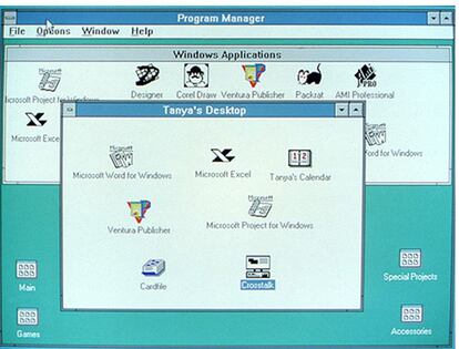 Con Windows 3 nacen el administrador de programas, el de archivos y el de impresión. Tímida concesión al ocio: incorpora juegos como el solitario, Corazones y Buscaminas.