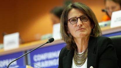 La candidata a la vicepresidencia ejecutiva de Transición Limpia, Justa y Competitiva, y ministra para la Transición Ecológica, Teresa Ribera, este miércoles, en el Parlamento Europeo.