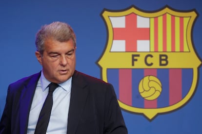 El presidente del Barcelona, Joan Laporta, en una comparecencia en el Camp Nou el pasado abril.