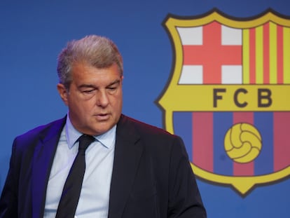 El presidente del Barcelona, Joan Laporta, en una comparecencia en el Camp Nou el pasado abril.