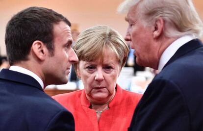 Macron, Angela Merkel y Trump durante el G20 en Hamburgo el pasado 7 de julio.