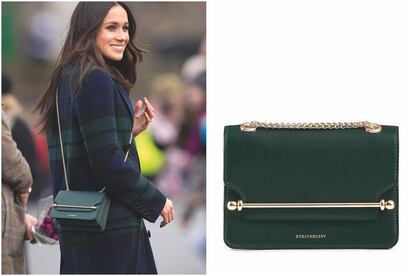 Meghan Markle con bolso East/West en verde botella de la firma Strathberry.