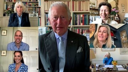 El príncipe Carlos (en el centro), en una videoconferencia con otros miembros de la familia real británica, el 12 de mayo de 2020: Camilla de Cornualles, Guillermo y Kate de Cambridge, la princesa Ana, Sophie de Wessex y la princesa Alexandra.