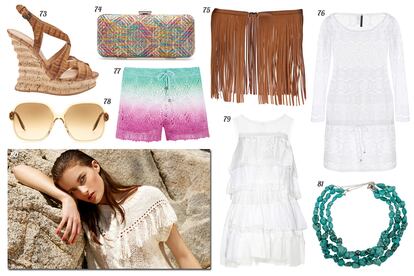 73. Alexa Wagner Sandalia de cocodrilo con cu?a de corcho. 74. Zara Clutch de rafia. 75. Ronald Pineau Cinturn de flecos. 76. Ralph Lauren Vestido calado. 77. SuiteBlanco Shorts con efecto degrad. 78. Victoria Beckham Gafas de sol con montura de pasta. 79. Nina Ricci Vestido de volantes con detalles de encaje. 80. Bershka. 81. Purificacin Garca Collar de tres vueltas de turquesas.