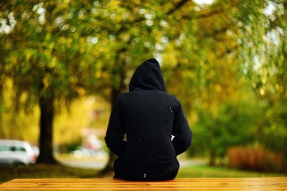 Una joven sentada de espaldas en un banco de un parque.