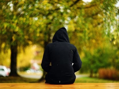 Una joven sentada de espaldas en un banco de un parque.