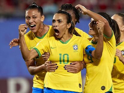 Marta celebra el gol de la victoria de Brasil ante Italia.
