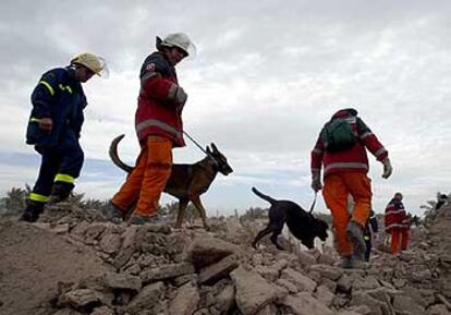 Un grupo de bomberos alemanes recorre las ruinas de Bam con sus perros en busca de vida.