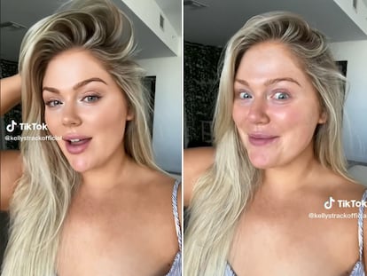 Comparativa de dos imágenes de Kelly Strack usando el filtro Bold Glamour (izquierda) y sin él (derecha).