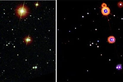 Las imágenes muestran (antes y después) la zona del cielo en la que se observó el 18 de febrero una supernova (en el grupo central de estrellas).